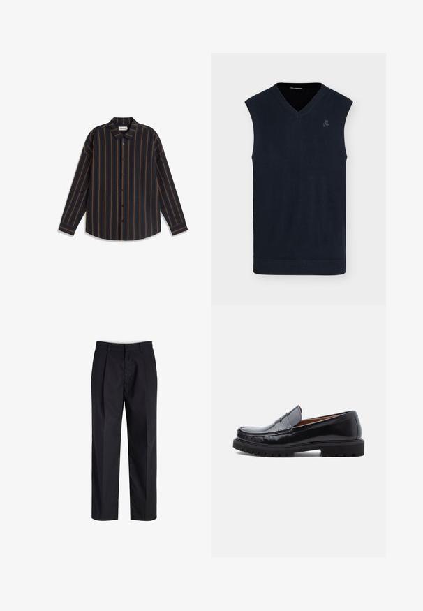 Gilet en maille sans manches bleu marine avec col en V et logo discret sur la poitrine gauche, présenté sur fond blanc uni.; Chemise noire à manches longues à boutons avec rayures verticales orange et col pointu, étalée à plat sur un fond blanc.; Pantalon noir à jambes droites avec taille, passants de ceinture, fermeture éclair à l'avant et poches latérales, présenté sur fond blanc.; Mocassin penny en cuir noir avec semelle en caoutchouc épaisse et couture moc toe, montré de profil sur un fond blanc.