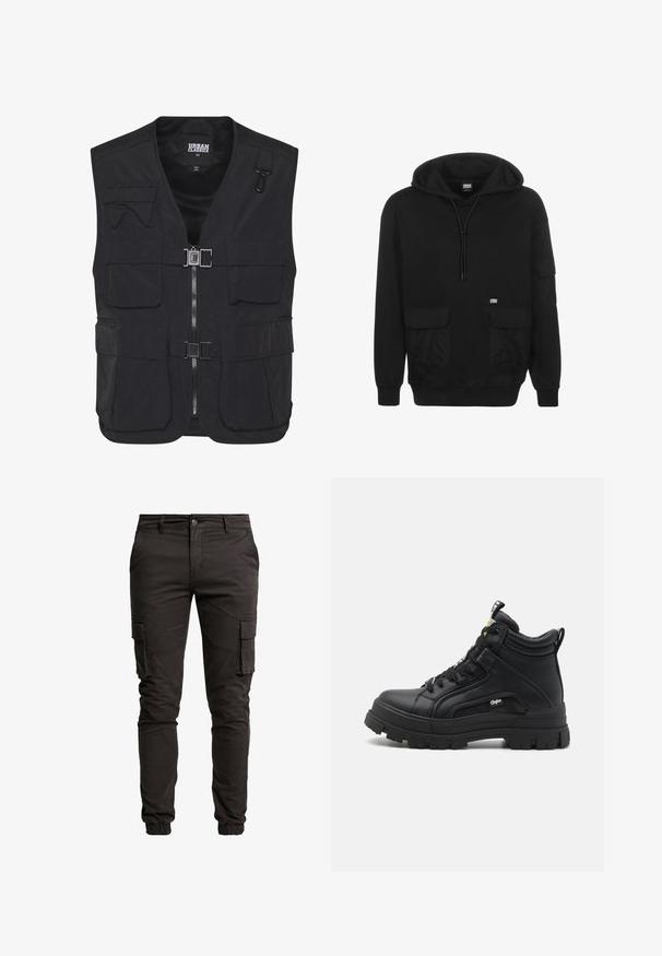 Zwarte Utility-vest van lichtgewicht stof, met meerdere voorzakken, een ritssluiting en een gaasinterieur voor ventilatie.; Zwarte hoodie gemaakt van zachte stof, voorzien van een capuchon met trekkoord, voorzakken en een logo-op-patch op de linker borst.; Zwarte cargo pants van een katoenmengsel, met zijzakken, elastische manchetten, een knoopsluiting en een gladde, matte textuur.; Zwarte hoge schoenen van gestructureerd leer, met een dikke rubberen zool, vetersluiting aan de voorkant en een klein logo detail aan de zijkant.