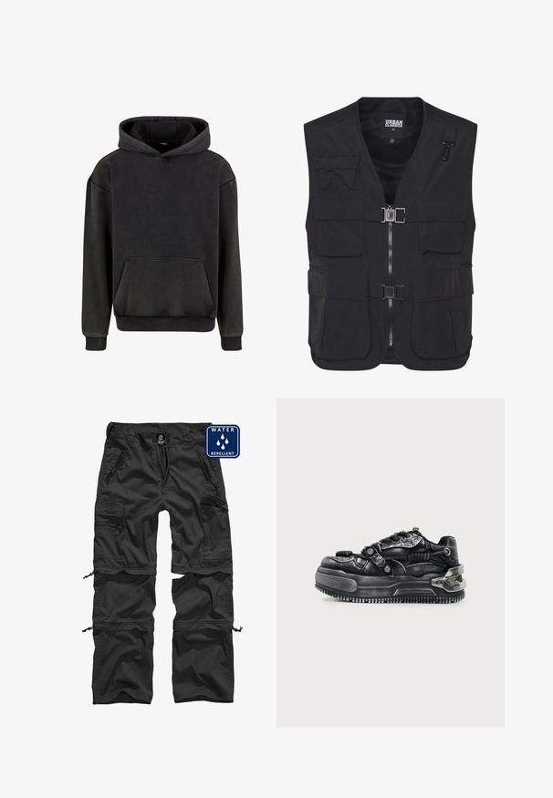 Schwarze Utility-Weste aus leichtem Stoff, mit mehreren Fronttaschen, einem Reißverschluss und einem Netzfutter zur Belüftung.; Urban Classics Kapuzenpullover - magnet; Schwarze wasserabweisende Cargo-Hose mit Reißverschlusstaschen, verstellbaren Bündchen und einem strapazierfähigen Material. Mit einem Logo am Bund.; Schwarzer klobiger Sneaker mit dicker Sohle, Schnürdesign, strukturierten Riemen und Metallakzenten an Ferse und Seiten vor hellem Hintergrund.