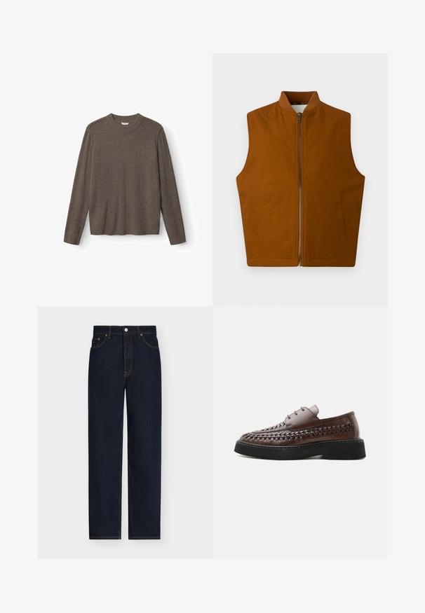 Gilet sans manches marron avec fermeture éclair à l'avant et deux poches latérales, avec un col côtelé, posé à plat sur un fond blanc.; Pull en tricot marron avec un col ras du cou, des manches longues et un ourlet côtelé. Texture douce avec un minimum de détails et aucun matériel visible.; Jean droit bleu foncé avec fermeture devant par bouton et zip, cinq poches et coutures visibles contrastées.; Chaussure à lacets en cuir marron avec détails tissés sur les côtés et une épaisse semelle plateforme noire, vue de profil sur fond blanc.