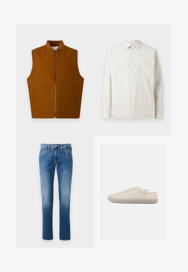 Braun ärmellose Weste mit Frontreißverschluss und zwei Seitentaschen, mit einem gerippten Kragen, flach auf einem weißen Hintergrund ausgelegt.; Samsøe Samsøe SADAMON - Hemd - off white; Herren Jeans aus blauem Denim mit einem verwaschenen Finish, gerader Beinschnitt, fünf Taschen und einem Knopfverschluss vorne. Genähte Akzente an den Taschen.; Beiger Wildleder-Sneaker mit strukturiertem Obermaterial, glattem weißen Fersenbereich, dünnen Schnürsenkeln und Gummisohle. Verfügt über ein flaches Design.