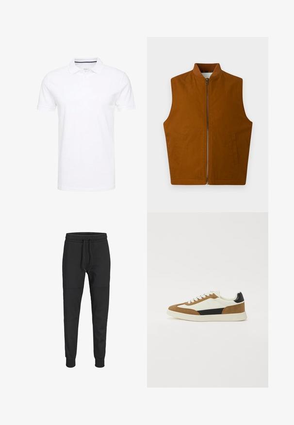 Gilet sans manches marron avec fermeture éclair à l'avant et deux poches latérales, avec un col côtelé, posé à plat sur un fond blanc.; Polo shirt blanc en coton, avec un col traditionnel, des manches courtes et une patte de boutonnage à trois boutons, avec des accents navy discrets à l'intérieur.; Pantalon de jogging noir slim avec taille élastique, cordon de serrage ajustable, détails de coutures aux genoux et bas de jambes resserrés.; Baskets présentant un mélange de matériaux blancs, bruns et noirs, avec un design en daim et cuir, une forme à bout rond et une semelle plate en caoutchouc.