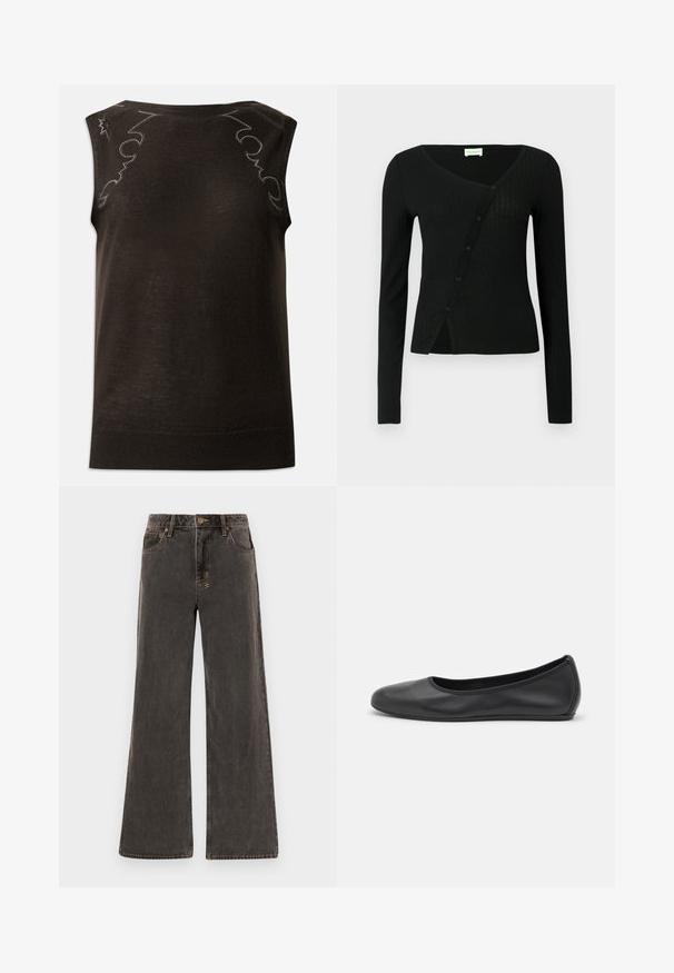 Schwarzes ärmelloses Top aus einem weichen Strickstoff mit einer glatten Textur. Verfügt über dekorative Nähte entlang der Schultern und des Halsausschnitts.; Schwarze Rippen-Strickjacke mit langen Ärmeln, V-Ausschnitt und vorderer Knopfleiste, mit leicht taillierter Passform und weicher Textur.; Weite Jeans aus dunkelgrauem Denim. Mit hoher Taille, fünf Taschen und kontrastierenden goldenen Nähten. Dezente Abnutzung sorgt für ein strukturiertes Erscheinungsbild.; Schwarze Leder-Ballettschuhe mit abgerundeter Spitze, glatter Textur, minimalen Nähdetails und einem flexiblen Sohlen-Design.