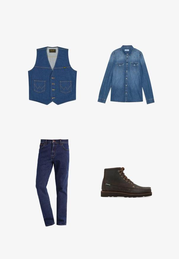 Blå denimvest med knapper foran, to forlommer med W-formet syning og et Wrangler-mærke inde i kraven.; Mørkeblå denimskjorte med lange ærmer, klassisk krave, knaplukning fortil, to brystlommer og kontrasterende stiklinger på sømmene.; Mørkeblå straight-leg denimbukser med frontlommer, knaplukning, bæltestropper og synlig syning.; Sebago Snørestøvletter - marrone