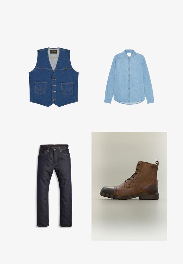 Blaue Jeansweste mit vorderen Knöpfen, zwei Fronttaschen mit W-förmiger Naht und einem Wrangler-Markenetikett auf der Innenseite des Kragens.; Hellblaues Denim-Hemd mit Knöpfen, langen Ärmeln, spitzem Kragen und abgerundetem Saum. Verfügt über eine vordere Knopfverschlussleiste und ein kleines Logodetail.; Dunkelblaue Jeans aus Denim mit geradem Schnitt, Fünf-Taschen-Design, metallischen Komponenten und kontrastierenden orangen Nähten. Glatte Textur, keine sichtbaren Muster.; Brauner Leder-Schnürstiefel bis zum Knöchel mit schwarzer Zehenkappe, runder Sohle und Markenlabel an der Seite vor schlichtem Hintergrund.