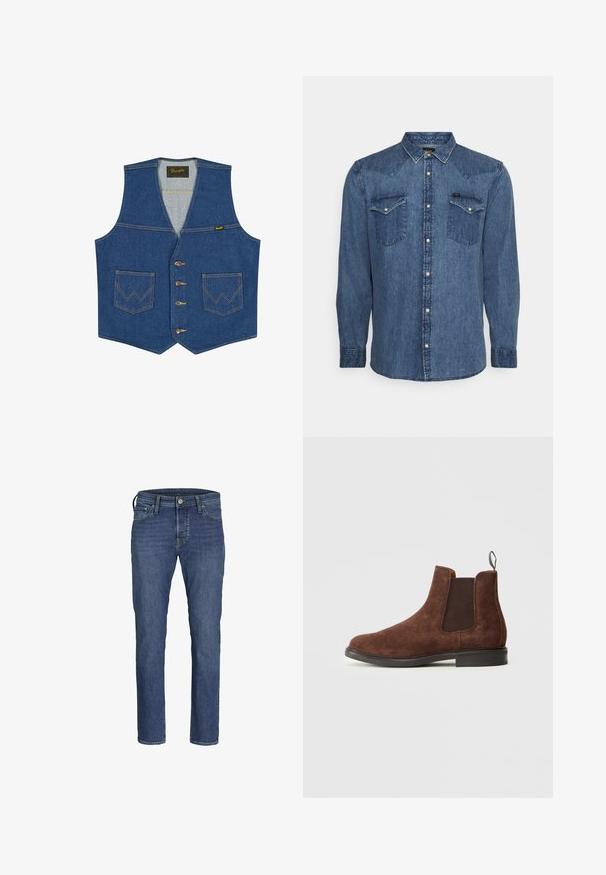 Blaue Jeansweste mit vorderen Knöpfen, zwei Fronttaschen mit W-förmiger Naht und einem Wrangler-Markenetikett auf der Innenseite des Kragens.; Langärmliges blaues Jeanshemd mit Druckknöpfen und zwei Brusttaschen, präsentiert vor einem einfarbigen hellen Hintergrund.; Herren Jeans aus blauem Denim mit geradem Bein, fünf Taschen und klassischem Knopf- und Reißverschluss.; Braune Wildleder Chelsea-Boots mit elastischen Seiteneinsätzen, einer Zuglasche und einer schwarzen Sohle. Glatte Textur mit einem runden Zehendesign.