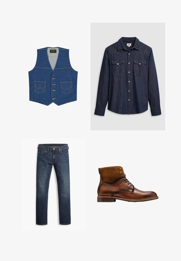 Blå denimvest med knapper foran, to forlommer med W-formet syning og et Wrangler-mærke inde i kraven.; Mørkeblå denimskjorte med spids krave, trykknapper og brystlommer. Har syningsdetaljer og lange ærmer.; Herre mørkeblå jeans med lige ben, fem lommer og knaplukning, vist fladt mod en hvid baggrund.; Kazar ALID - Snørestøvletter - brown