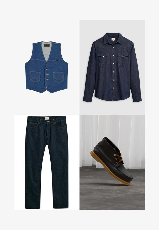 Blauwe denimvest met knopen aan de voorkant, twee voorzakken met W-vormige stiksels, en een Wrangler merklabel aan de binnenkant van de kraag.; Donkerblauw denimhemd met een puntige kraag, drukknoopsluiting en borstzakken. Heeft stikseldetail en lange mouwen.; Donkerblauwe denim jeans met een recht model, vijf zakken en contrasterende stiksels op de naden. Gladde stofstructuur.; Zwarte leren schoenen met een gladde afwerking, ronde neus, bruine veters en lichtbruine rubberen zolen. Logo gegraveerd aan de zijkant.