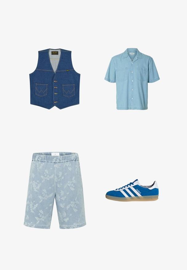 Chaleco vaquero azul con botones frontales, dos bolsillos delanteros con costura en forma de W y una etiqueta de la marca Wrangler en el interior del cuello.; Camisa de mezclilla azul claro de manga corta con botones, dos bolsillos en el pecho y cuello tipo camp.; Pantalones cortos de mezclilla azul claro con un sutil patrón floral, cinturilla elástica y corte recto. Sin bolsillos visibles.; Zapatilla Adidas Gazelle azul y blanca con suela de goma y tres franjas blancas, vista desde un lado sobre un fondo blanco.