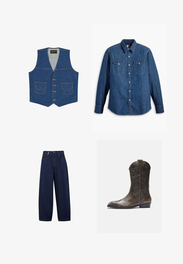 Blaue Jeansweste mit vorderen Knöpfen, zwei Fronttaschen mit W-förmiger Naht und einem Wrangler-Markenetikett auf der Innenseite des Kragens.; Dunkelblaue Jeanshemd mit langen Ärmeln, spitzem Kragen und Druckknöpfen. Verfügt über zwei Brusttaschen mit Klappen und kontrastierenden Nähten.; Lässige, dunkelblaue Denim-Jeans mit hoher Taille, Fronttaschen und geradem Bein. Enthält silberfarbene Hardware und minimalistische Nähte.; Braune Leder-Cowboystiefel mit hohem Schaft, spitzem Zehenbereich, aufwendigen Stickmustern und kleinem Absatz. Strukturierte Oberflächenbeschaffenheit.
