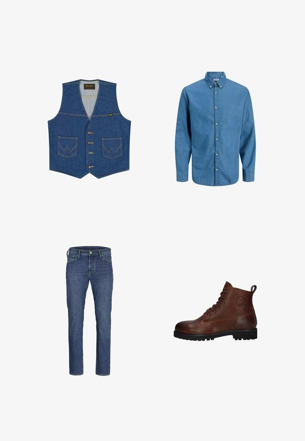 Blauwe denimvest met knopen aan de voorkant, twee voorzakken met W-vormige stiksels, en een Wrangler merklabel aan de binnenkant van de kraag.; Blauw overhemdbloes gemaakt van denim, met een kraag en lange mouwen. Effen textuur met zichtbare knopen aan de voorkant.; Blauwe denim jeans voor heren met een recht model, vijf-pocketstijl en een klassieke knoop- en ritssluiting.; Bruine leren enkelboot met een gestructureerd oppervlak, zes veterogen, een zwarte rubberen zool en een lus voor gemakkelijk aan- en uittrekken.