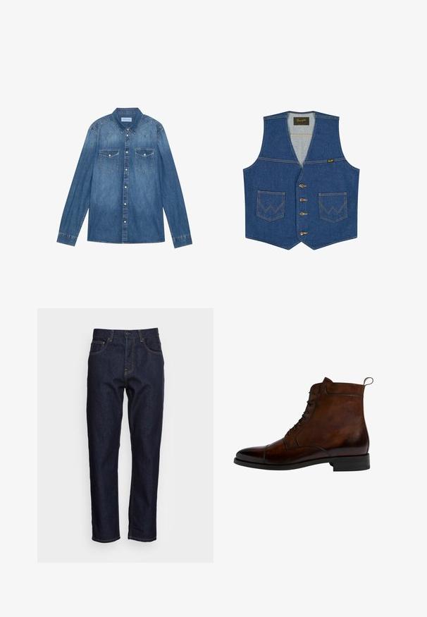 Blå denimvest med knapper foran, to forlommer med W-formet syning og et Wrangler-mærke inde i kraven.; Mørkeblå denimskjorte med lange ærmer, klassisk krave, knaplukning fortil, to brystlommer og kontrasterende stiklinger på sømmene.; Mørkeblå denimjeans med lige pasform, fem lommer og kontrasterende gul syning. Designet med en klassisk knap- og lynlåslukning.; Scarosso Snørestøvletter - chestnut calf