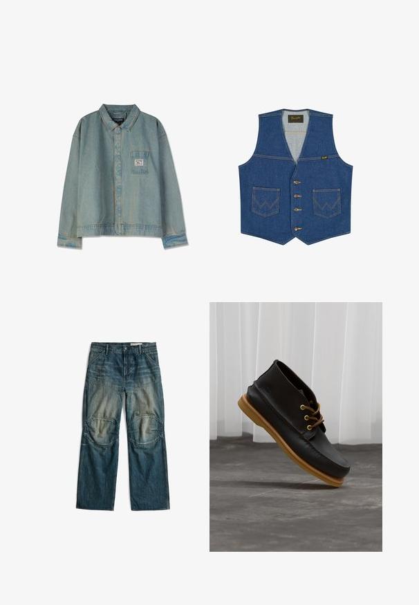 Blaue Jeansweste mit vorderen Knöpfen, zwei Fronttaschen mit W-förmiger Naht und einem Wrangler-Markenetikett auf der Innenseite des Kragens.; Hellblaues Jeansjackett mit spitzem Kragen, langen Ärmeln, Brusttasche und sichtbaren Nähten; lockere Passform und abgenutzte Textur.; Blaue Jeanshose mit verstärkten Knie-Einsatzstücken und Vordertaschen, flach auf weißem Hintergrund präsentiert.; Schwarze Lederschuhe mit glatter Oberfläche, runder Zehenform, braunen Schnürsenkeln und hellbraunen Gummisohlen. Logo an der Seite geprägt.