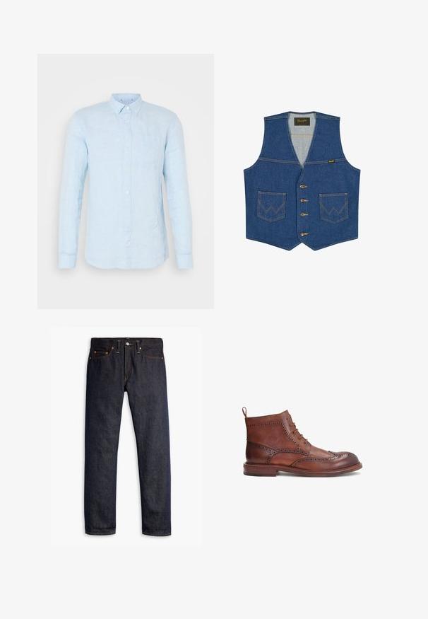 Blaue Jeansweste mit vorderen Knöpfen, zwei Fronttaschen mit W-förmiger Naht und einem Wrangler-Markenetikett auf der Innenseite des Kragens.; Helles blaues Leinenhemd mit langen Ärmeln, spitzem Kragen und einer Brusttasche. Verfügt über eine leicht strukturierte Oberfläche und Knopfverschluss.; Dunkelblaue Jeans aus Denim mit geradem Schnitt, fünf Taschen-Design, kupfernen Nieten, gelben Nähten und einem ausgeprägten strukturierten Stoff.; Braune Lederstiefel mit dekorativen Broguedetails, runder Zehenform, Schnürdesign und niedrigem, gestapeltem Absatz. Enthält eine Zuglasche hinten.