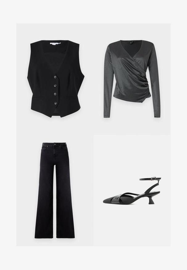 Good American SUITING - Vesta - black; Sivý dlhý rukáv top vyrobený z hladkej, elastickej tkaniny s prekrývajúcim sa dizajnom a nariasením v oblasti pása. Výstrih do V.; Čierne široké džínsy s vysokým pásom, prednými vreckami, pútkami na opasok a zapínaním na gombík.; Čierne lodičky na nízkom ihličkovom podpätku s ukázanou špičkou, tenkým remienkom okolo členka a asymetrickými prekladanými remienkami na bielom pozadí.
