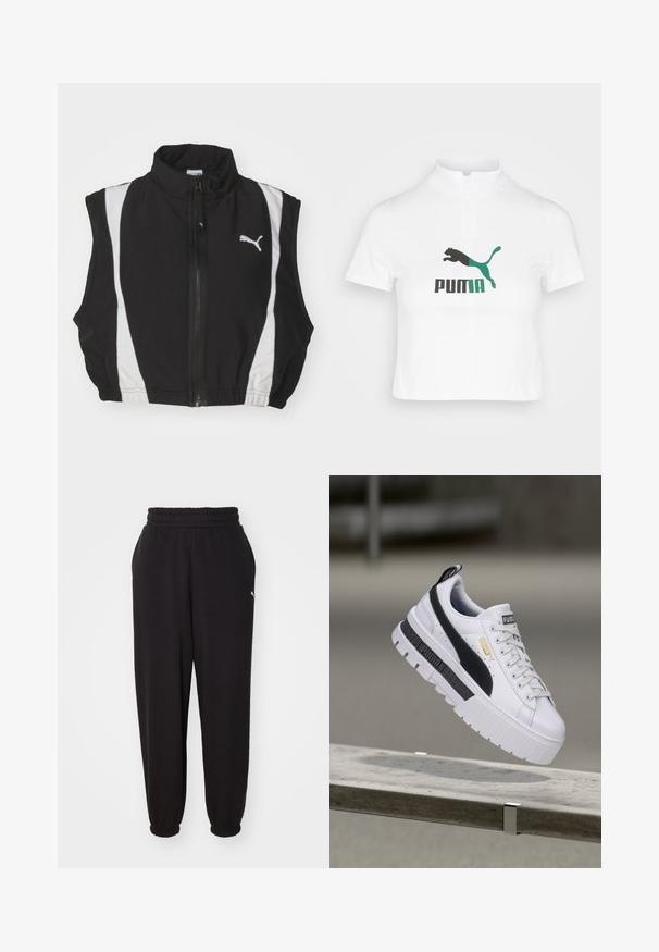 Gilet sans manches noir avec col haut, dotée de bandes latérales blanches et d'une fermeture éclair à l'avant ; le tissu semble lisse et léger avec un logo.; Polo shirt blanc cropped avec une fermeture à demi-zip, présentant un logo Puma noir et bleu canard sur le devant. Fabriqué en tissu lisse.; Pantalon de survêtement noir en tissu doux, avec une taille côtelée et des chevilles resserrées. Comprend un petit logo sur le côté.; Baskets à plateforme blanches Puma avec bande noire et logo doré, flottant au-dessus d'un banc en béton en extérieur.