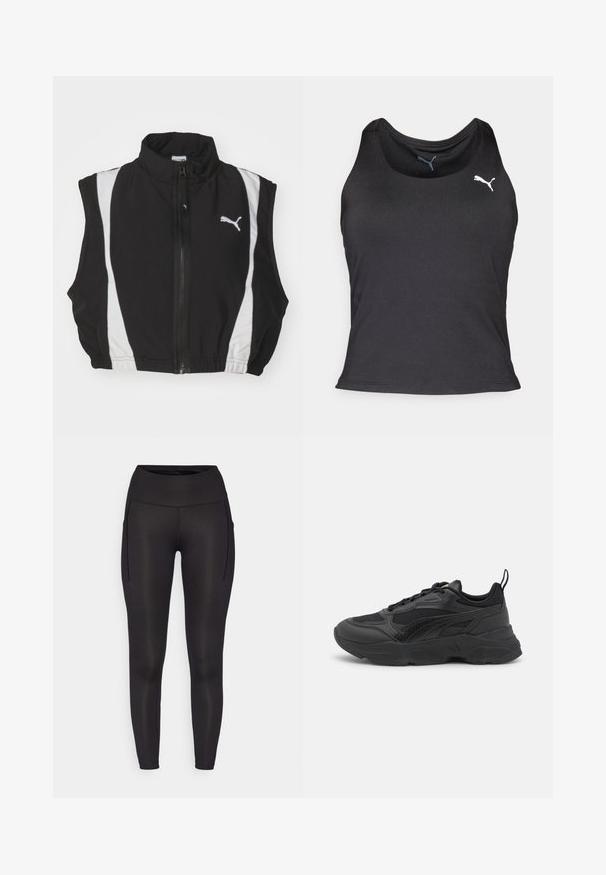 Gilet sans manches noir avec col haut, dotée de bandes latérales blanches et d'une fermeture éclair à l'avant ; le tissu semble lisse et léger avec un logo.; Débardeur de sport noir, sans manches, en tissu lisse, avec un col arrondi, arborant un petit logo Puma blanc sur la poitrine gauche.; Leggings noirs avec une taille haute, dotés de deux poches latérales et d'une texture lisse et extensible. Conçus pour le confort et la facilité de mouvement.; Baskets de sport noires avec une tige en maille et synthétique, accents texturés, semelle en caoutchouc épaisse et caractéristiques de design favorisant le soutien.