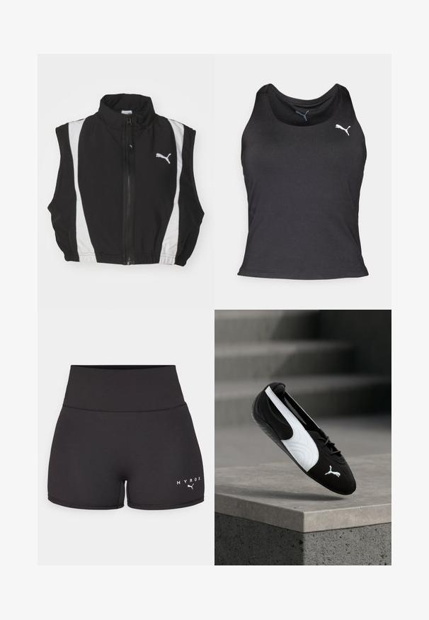 Schwarze ärmellose Weste mit hohem Kragen, ausgestattet mit weißen Seitenstreifen und einem Frontreißverschluss; der Stoff wirkt glatt und leicht und hat ein Logo.; Schwarzes sportliches Tanktop, ärmelloses Design, glattes Material, runder Halsausschnitt, mit kleinem weißen Puma-Logo auf der linken Brustseite.; Schwarze Sportshorts aus dehnbarem Material. Hohe Taille mit weißem "HYROX"-Text und Logo auf der linken unteren Seite. Glatte Textur.; Schwarz-weißer Puma-Sneaker mit Schnürsenkeln, der über einem Betonsims vor einem unscharfen grauen Treppenhintergrund schwebt.