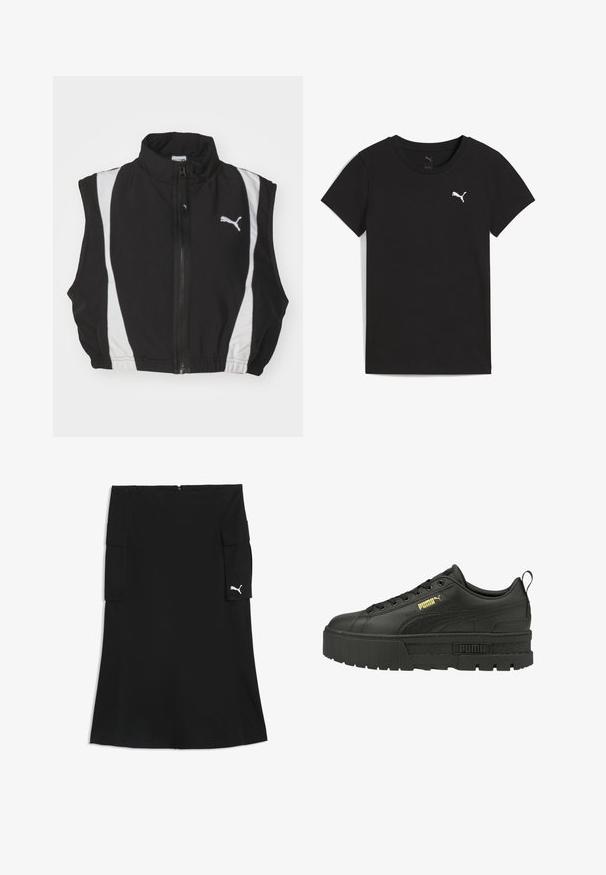Zwarte mouwloze vest met hoge kraag, met witte zijstrepen en een rits aan de voorkant; de stof lijkt glad en lichtgewicht met een logo.; Zwart Puma T-shirt met korte mouwen, ronde hals en wit Puma-logo op de linkerborst.; Zwarte knielange rok met cargozakken aan beide zijden en een klein wit Puma-logo op de rechter zakklep.; Zwarte leren platform sneakers met een gestructureerde hiel, gouden Puma-logo en een vetersluiting met zwarte oogjes en platte veters.