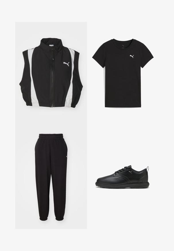 Gilet sans manches noir avec col haut, dotée de bandes latérales blanches et d'une fermeture éclair à l'avant ; le tissu semble lisse et léger avec un logo.; T-shirt Puma noir à manches courtes avec col rond et logo Puma blanc sur le côté gauche de la poitrine.; Pantalon de survêtement noir en tissu doux, avec une taille côtelée et des chevilles resserrées. Comprend un petit logo sur le côté.; Chaussure en cuir noir avec une finition lisse, panneau latéral texturé, design à lacets et col rembourré. Présente un logo subtil et des accents à motifs.