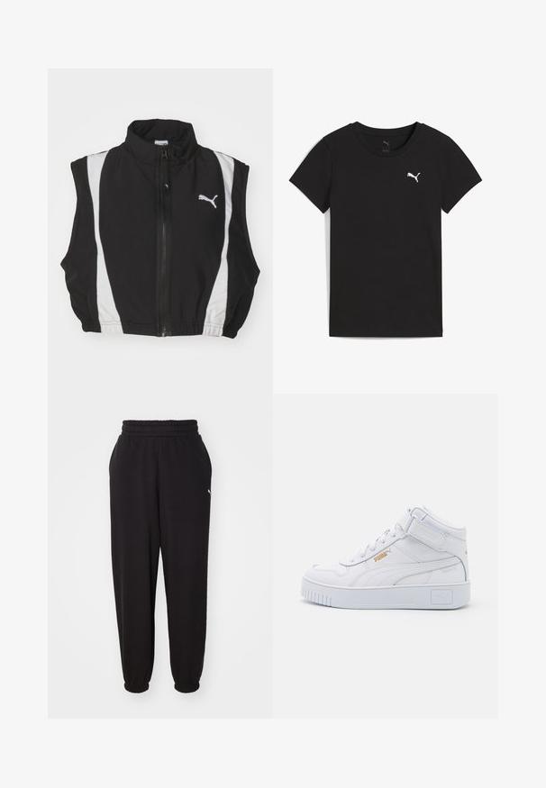 Sort ærmeløs vest med høj krave, der har hvide sidestropper og en lynlås foran; stoffet ser glat og let ud med et logo.; Sort Puma T-shirt med korte ærmer, rund hals og hvidt Puma-logo på venstre bryst.; Sorte sweatpants lavet af blødt stof, med en ribbet talje og mansjetter ved anklerne. Indeholder en lille logoaccent på siden.; Hvide høj-top sneakers med en glat læderoverdel, flade snørebånd, polstret krave og en struktureret gummisål med logo accenter.