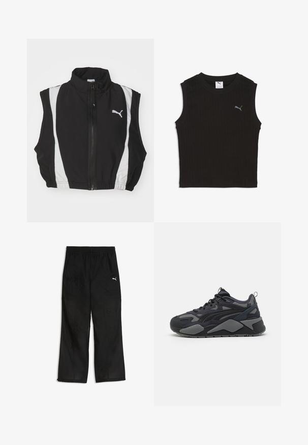 Chaleco sin mangas negro con cuello alto, presenta franjas laterales blancas y una cremallera en el frente; la tela parece suave y ligera con un logo.; Top corto negro sin mangas con textura acanalada, cuello redondo y pequeño logo gris de Puma en el pecho izquierdo.; Pantalones deportivos negros hechos de tela ligera y texturizada. Presentan una cintura elástica y un pequeño logo blanco en la pierna izquierda.; Zapatillas deportivas negras con parte superior de malla y textil con acentos grises, suela gruesa y líneas de diseño distintivas.