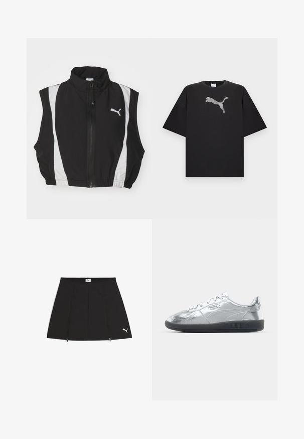 Sort ærmeløs vest med høj krave, der har hvide sidestropper og en lynlås foran; stoffet ser glat og let ud med et logo.; Sort oversized T-shirt med korte ærmer, der har en stor hvid Puma-logo i midten foran.; Sort atletisk nederdel med en svingende design, lavet af glat stof. Den har frontlommer med lynlås og et hvidt Puma-logo i nederste højre hjørne.; Sølv sneakers med en glat, reflekterende overdel, der har sorte gummisåler og klassisk snøredesign. Puma-logo på siden.