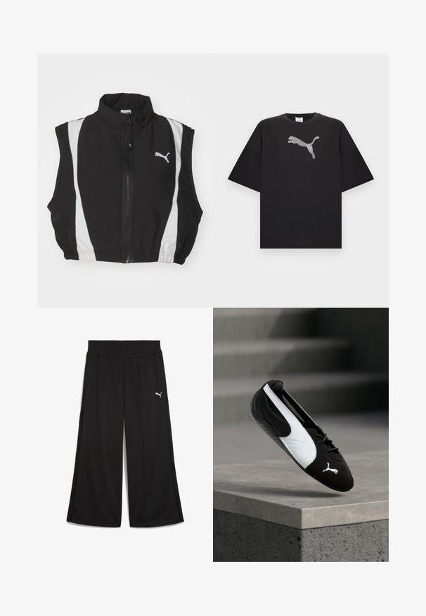 Gilet sans manches noir avec col haut, dotée de bandes latérales blanches et d'une fermeture éclair à l'avant ; le tissu semble lisse et léger avec un logo.; T-shirt noir oversize à manches courtes, avec un grand logo Puma blanc au centre devant.; Pantalon de sport noir avec une taille élastique, boutons-pression sur les côtés et logo Puma blanc à l'avant. Fabriqué en tissu léger.; Baskets Puma noir et blanc avec lacets flottant au-dessus d'un rebord en béton sur un fond flou d'escaliers gris.