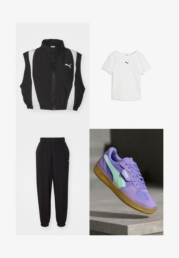 Gilet sans manches noir avec col haut, dotée de bandes latérales blanches et d'une fermeture éclair à l'avant ; le tissu semble lisse et léger avec un logo.; T-shirt blanc côtelé à manches courtes avec un col rond et un petit logo Puma noir au centre de la poitrine.; Pantalon de survêtement noir en tissu doux, avec une taille côtelée et des chevilles resserrées. Comprend un petit logo sur le côté.; Baskets en suédine violette et en mesh avec des accents menthe, au design à lacets et à semelle en gomme texturée. Arbore le logo PUMA sur le côté.