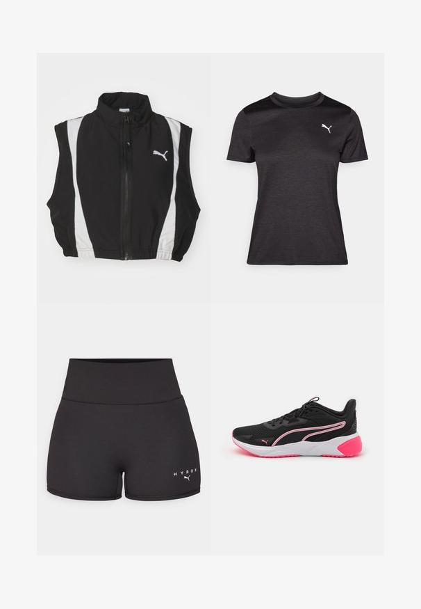 Schwarze ärmellose Weste mit hohem Kragen, ausgestattet mit weißen Seitenstreifen und einem Frontreißverschluss; der Stoff wirkt glatt und leicht und hat ein Logo.; Schwarzes Sport-T-Shirt mit kurzen Ärmeln, Rundhalsausschnitt und einem weißen Logo auf der Brust. Glatte Textur und figurbetonter Schnitt.; Schwarze Sportshorts aus dehnbarem Material. Hohe Taille mit weißem "HYROX"-Text und Logo auf der linken unteren Seite. Glatte Textur.; Schwarze Sportschuhe mit Netz-Obermaterial, pinken Akzenten, weißer Zwischensohle und markantem Logo. Sie verfügen über ein leichtes Design und eine strukturierte Außensohle.