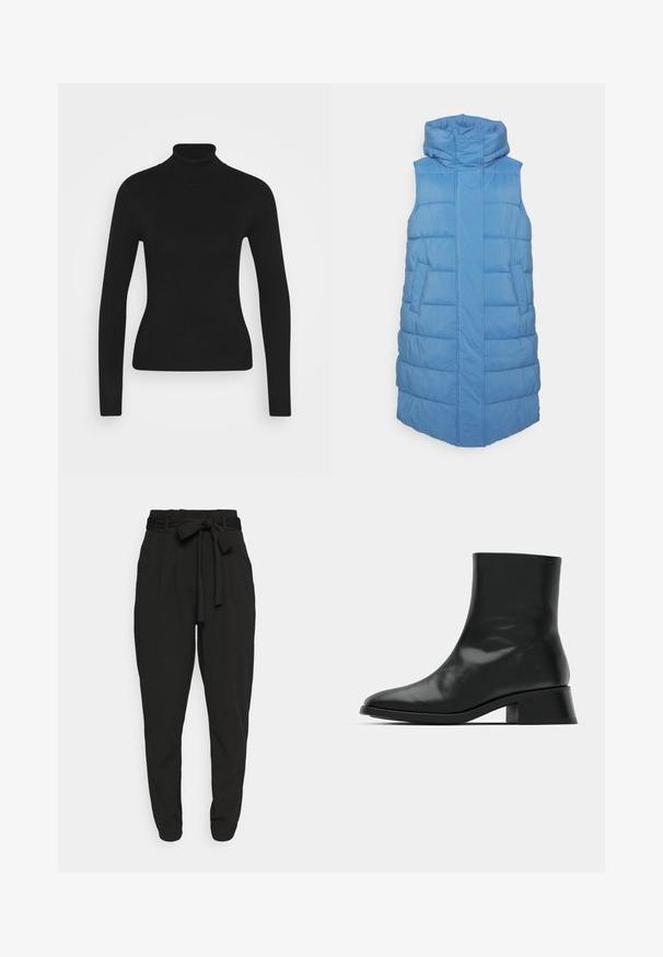 YAS Petite YASLIRO - Vest - blue; Sort turtleneck sweater med lange ærmer, lavet af et glat strikket stof. Har et tætsiddende design og en ribbet krave.; JDY Petite Bukser - black; Sort ankelstøvle lavet af blank læder, med et strømlinet design, spids tå og en moderat blokhælhøjde for stabilitet.
