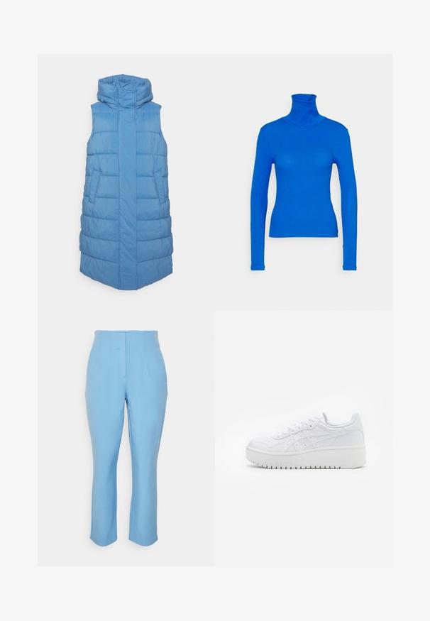 YAS Petite YASLIRO - Bodywarmer - blue; Pieces Petite PCKITTE ROLLNECK - Longsleeve - princess blue; Vero Moda Petite VMKIRALOA TAPERED SOLID PANT - Broek - little boy blue; Witte platform sneakers met een gladde leertextuur, geperforeerde details en platte veters; voorzien van een dikke witte rubberen zool.