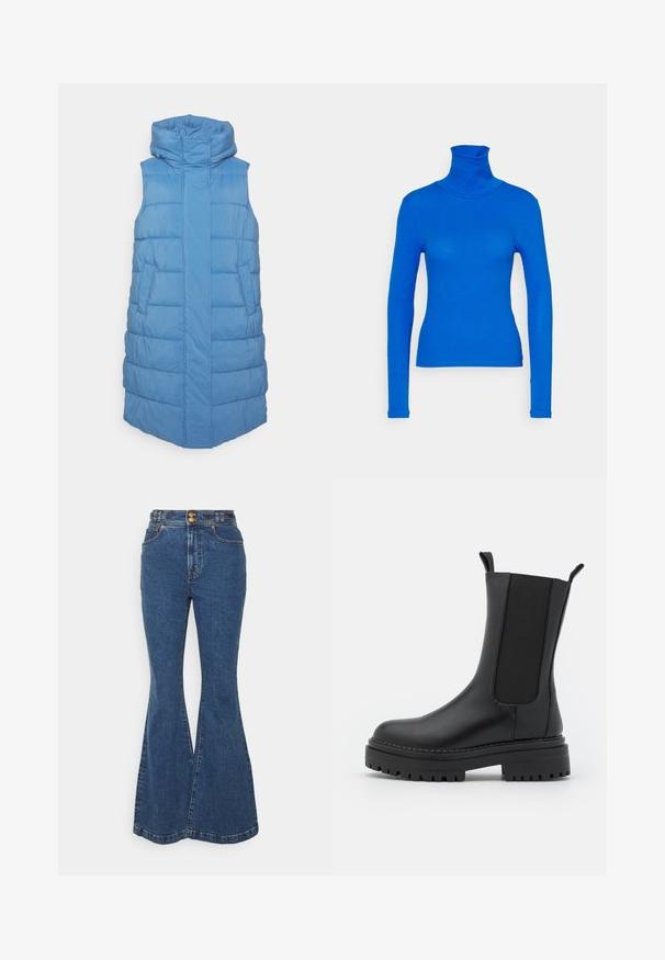 YAS Petite YASLIRO - Bodywarmer - blue; Pieces Petite PCKITTE ROLLNECK - Longsleeve - princess blue; Madewell PERFECT VINTAGE FLARE - Bootcut jeans - bright dark indigo; RAID CHERISH - Plateaulaarzen - black