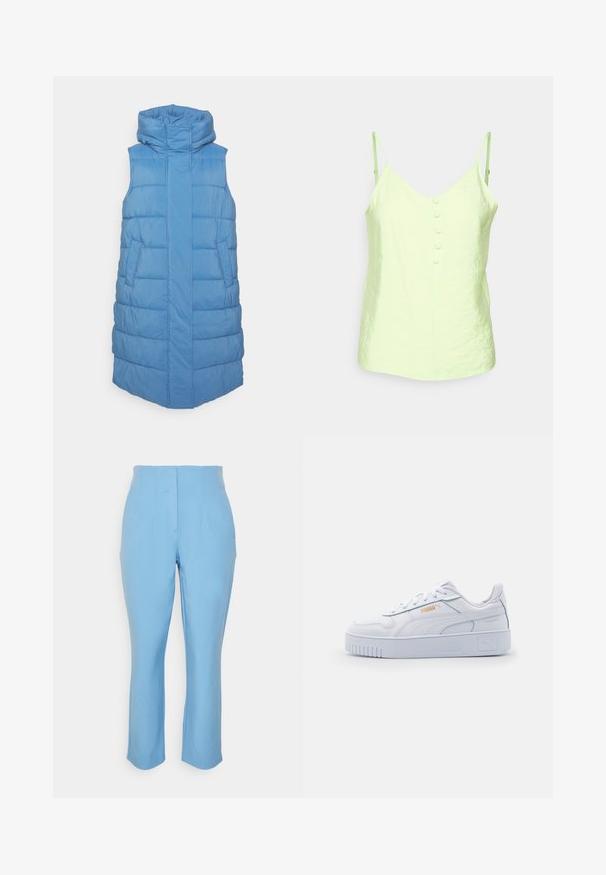 YAS Petite YASLIRO - Weste - blue; Vero Moda Petite VMQUEENY SINGLET V NECK - Top - sharp green; Vero Moda Petite VMKIRALOA TAPERED SOLID PANT - Stoffhose - little boy blue; Weiße Leder-Sneaker mit einer klobigen Sohle, die über eine glatte Textur, ein minimalistisches Design, Seitenstreifen und ein kleines Logo-Detail verfügen.