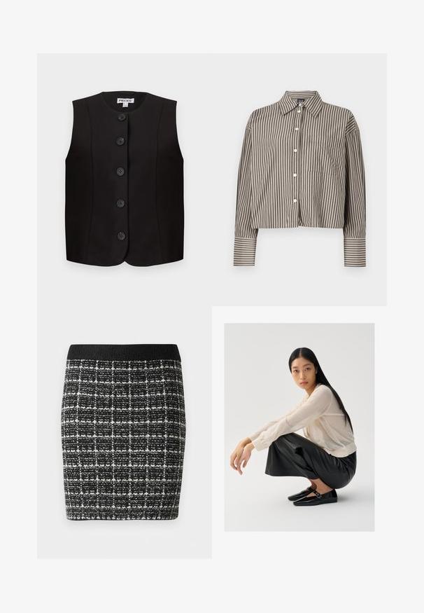 Veste noire sans manches avec encolure ronde et cinq boutons noirs à l'avant, coupe ajustée, étiquette de la marque "PIECES" à l'intérieur du col.; Chemise courte à manches longues rayée verticalement marron et blanche avec fermeture boutonnée à l'avant, col pointu, poche poitrine et larges poignets.; Jupe à carreaux noir et blanc en tissu texturé, avec une taille noire et une silhouette cintrée.; Pull léger beige clair en maille transparente avec des manches bouffantes, associé à un pantalon large en cuir noir et des chaussures noires brillantes avec un détail de sangle.