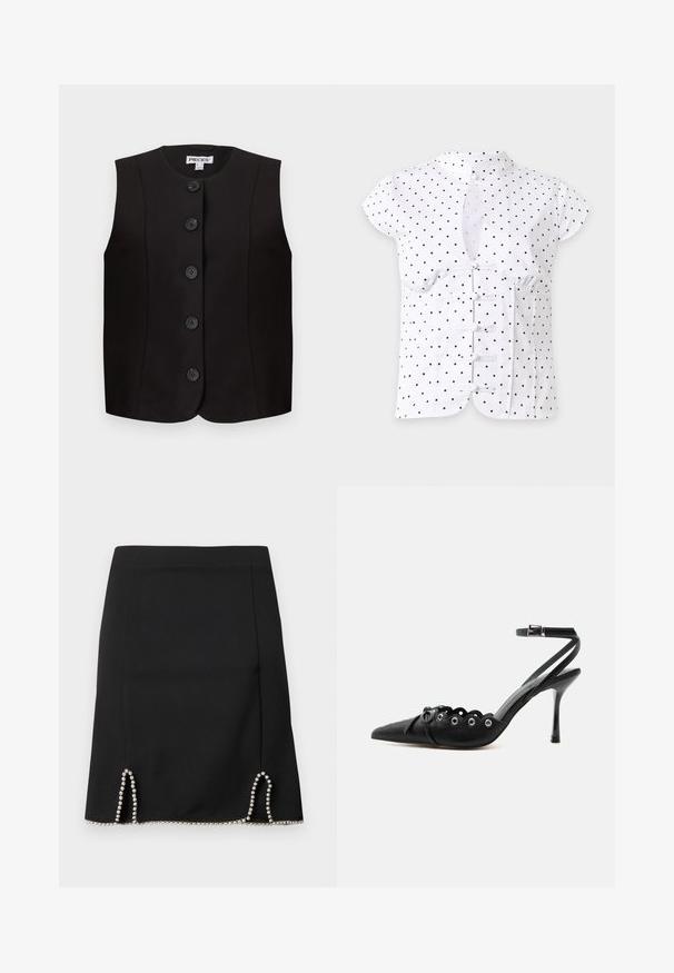 Veste noire sans manches avec encolure ronde et cinq boutons noirs à l'avant, coupe ajustée, étiquette de la marque "PIECES" à l'intérieur du col.; Blouse blanche à manches courtes avec des pois noirs, col mandarin, encolure en forme de goutte et cinq boutons décoratifs en forme de nœuds sur le devant.; Jupe noire au design ajusté avec des accents de perles argentées le long de l'ourlet et des découpes décoratives sur les côtés. Texture de tissu lisse.; Chaussure à talon haut noire à bout pointu, bords festonnés, œillets métalliques, lacets à l'avant et bride de cheville avec fermeture à boucle.