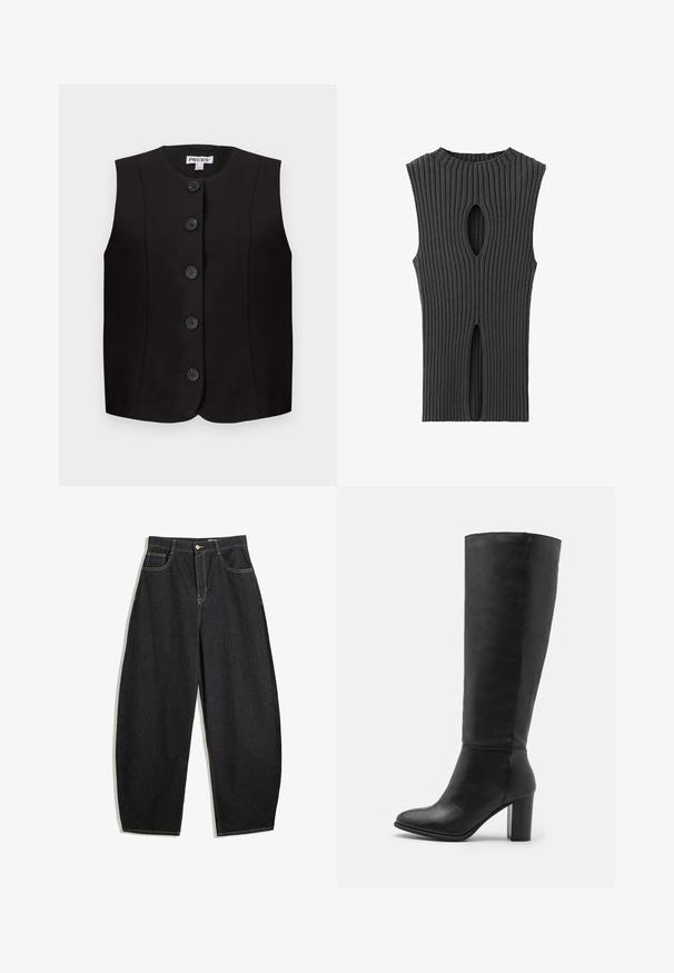 Sort ærmeløs vest med rund halsudskæring og fem sorte knapper foran, skræddersyet pasform, mærkeetiket "PIECES" indeni kraven.; Mango Top - anthracite; Sorte denim bukser med vid ben og høj talje, prydet med gule syninger, to forlommer og en enkelt knaplukning.; Sorte knæhøje støvler lavet af glat læder, med en kraftig hæl og rund tå. Minimalistisk design uden synligt hardware eller dekorationer.