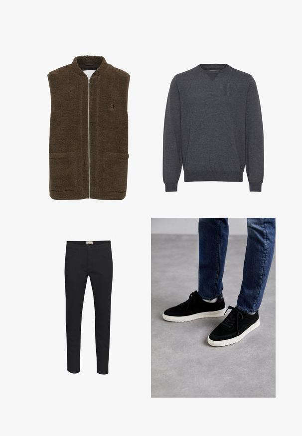 Ruskea fleece-liivi, jossa on korkea kaulus, etuvetoketju ja kaksi sivutaskua. Kankaan pinta on teksturoitu ja pehmeä, pörröinen.; Tummanharmaa pyöreäkauluksinen paita, jossa pitkät hihat, resorireunukset hihoissa ja helmassa sekä pieni musta merkkilappu helman lähellä.; Mustat housut, jotka on valmistettu kestävästä kankaasta, standardimuotoilu, viisi taskua ja napitus. Tyylikkäät ja monikäyttöiset.; Mustat mokkakengät, joissa on valkoinen kumipohja, klassinen matala muotoilu, pyöreä kärki ja litteät mustat nauhat.