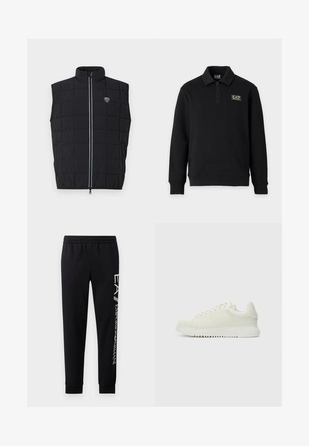Sort, ærmeløs dunvest med høj krave, quiltet design, lodret lynlås og et logo-patch på venstre bryst.; Sort langærmet pullover med kort lynlås foran, ribstrikkede manchetter og EA7 Emporio Armani-logo på venstre bryst og kraveetiket.; Sorte sweatpants lavet af en bomuldsblanding, med elastisk talje, smalle ben, ribbede manchetter og hvidt logo print langs siden.; Hvide lædersneakers med struktureret overdel, rund tå, flad hvid sål og tonede snørebånd. Subtil branding på tungen.