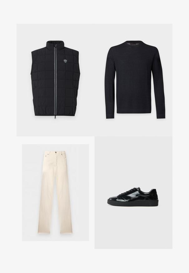 Veste sans manches matelassée noire avec un col montant, un design matelassé, une fermeture éclair verticale et un écusson logo sur le côté gauche de la poitrine.; Pull noir à manches longues avec col rond, motif texturé subtil, poignets et ourlet côtelés, présenté sur un fond uni gris clair.; Pantalon droit écru avec passants de ceinture, bouton sur le devant, fermeture éclair et poches latérales, présenté sur un fond uni.; Baskets en cuir verni noir avec un bout arrondi, un laçage, une semelle en caoutchouc texturé et une finition lisse.
