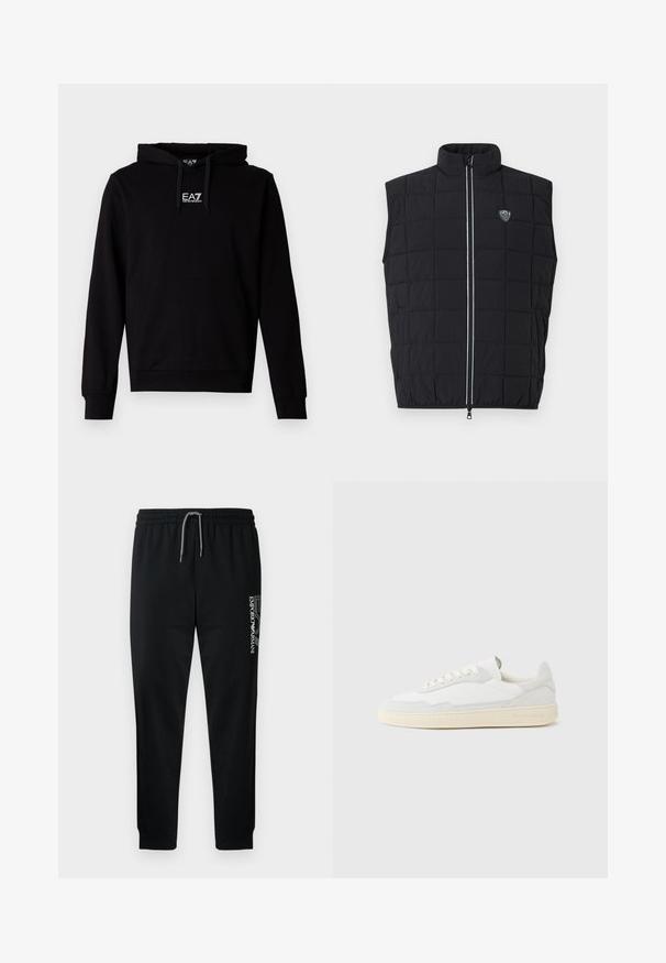 Veste sans manches matelassée noire avec un col montant, un design matelassé, une fermeture éclair verticale et un écusson logo sur le côté gauche de la poitrine.; Sweat à capuche en coton noir avec une poche kangourou à l'avant, une capuche ajustable avec cordon de serrage, et un logo EA7 blanc sur la poitrine. Manches longues avec poignets côtelés.; Pantalon de survêtement noir avec taille élastique, cordon de serrage ajustable et logo imprimé sur le côté. Tissu lisse avec une coupe fuselée.; Baskets blanches avec dessus en daim et cuir texturé. Caractérisées par un bout arrondi, une fermeture à lacets et une semelle en caoutchouc beige contrastante.