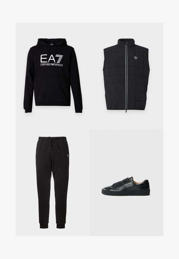 Veste sans manches matelassée noire avec un col montant, un design matelassé, une fermeture éclair verticale et un écusson logo sur le côté gauche de la poitrine.; Sweat à capuche noir avec une poche kangourou à l'avant. Présente un texte blanc audacieux "EA7 EMPORIO ARMANI" sur la poitrine. Matière en mélange de coton.; Pantalon de survêtement noir fuselé avec taille élastique, cordon, poches latérales et poignets côtelés, présenté sur fond uni.; Baskets en cuir noir avec une texture lisse, bout rond et fermeture à lacets. Comprend une semelle en caoutchouc épaisse et un minimum de détails de marque.