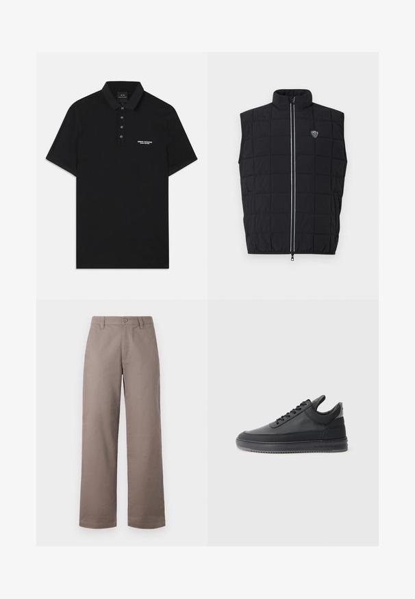 Schwarze, ärmellose Steppweste mit hohem Kragen, gestepptem Design, vertikalem Reißverschluss und einem Logo-Patch auf der linken Brust.; Schwarzes Poloshirt aus Baumwolle mit Standardkragen, Dreiknopf-Leiste und kleinem weißen "Armani Exchange"-Logo auf der linken Seite.; Hellbraune, weit geschnittene Hose mit glatter Oberfläche; verfügt über einen Knopfverschluss vorne und Eingrifftaschen. Hergestellt aus leichtem Stoff.; Schwarze Leder-Sneaker mit strukturierter Oberfläche, Schnürdesign, niedrigem Schaft und grauler Gummisohle mit geriffeltem Rand.