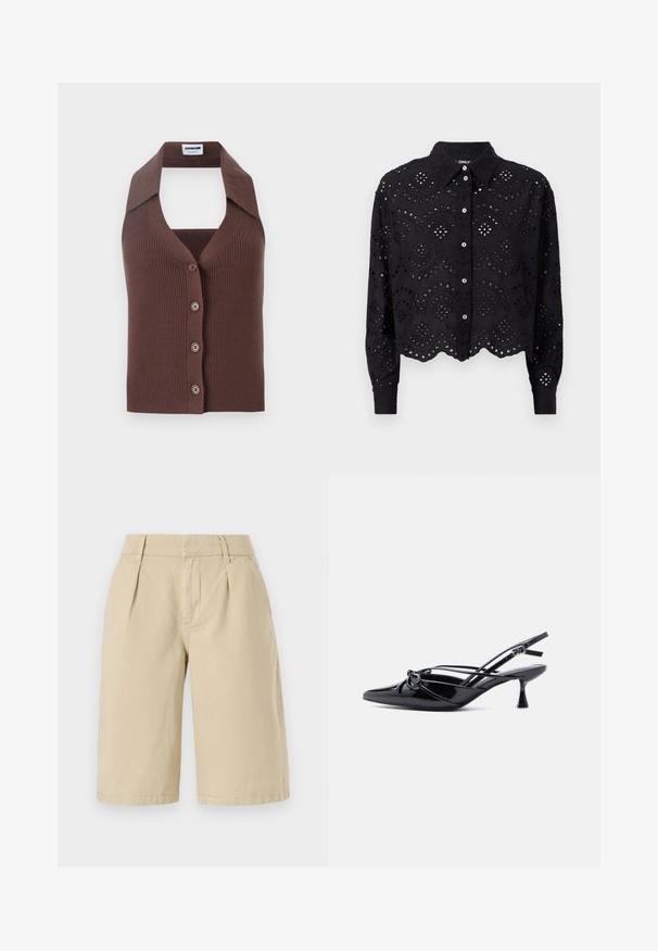 Brun, ribbet strikvest med halterneck, der har knaplukning foran og en afslappet pasform. Den korte krave tilføjer struktur til designet.; Sort cropped skjorte med broderet hulmønster, bølget kant, lange ærmer, knaplukning og en struktureret krave.; Beige bomuldsshorts med en afslappet pasform, der har front-folder og sidelommer, og som slutter lige over knæene med en renkant.; Sort laklæder slingback-pumpe med spids tå, lav kittenhæl og dekorativ knyttet sløjfedetalje foran.