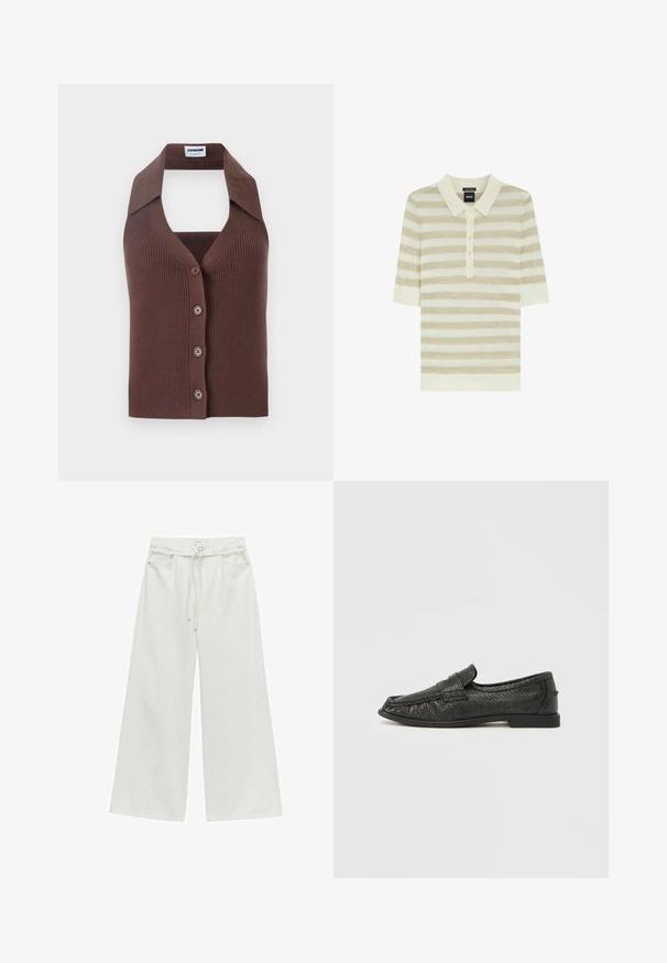 Brun, ribbet strikvest med halterneck, der har knaplukning foran og en afslappet pasform. Den korte krave tilføjer struktur til designet.; Lys beige og creme stribet polo skjorte med korte ærmer, knaplukning og blød krave, ligger fladt på en hvid baggrund.; Højtaljede, vide hvide bukser med bæltestropper, frontknap, snøre og forlommer.; Sort loafer med struktureret finish, med en syet søm og dekorativ rem på tværs af vampen, lavprofil-gummisål og rund tå.