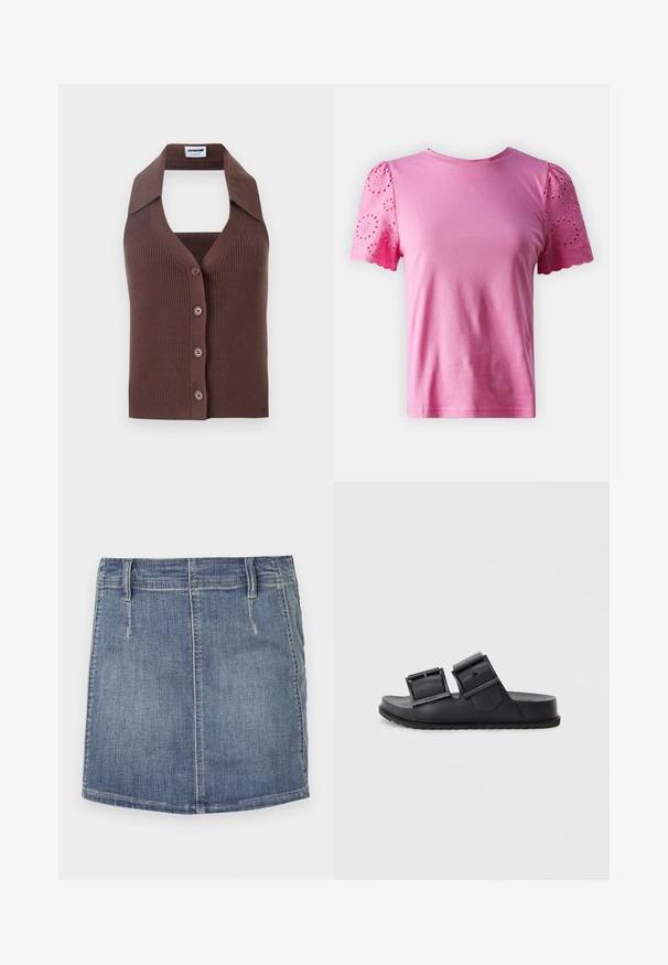Brun, ribbet strikvest med halterneck, der har knaplukning foran og en afslappet pasform. Den korte krave tilføjer struktur til designet.; Lyserød bomulds T-shirt med korte øje-lace puffærmer med cirkulære udsparinger og bølgede kanter, rund halsudskæring og en afslappet pasform.; Denim mini nederdel i lys blå med en klassisk pasform. Har forlommer og bæltestropper, samt en lige kant og subtil lysning.; Sorte klipklappere lavet af tekstureret materiale med to justerbare remme med spænder. Flad sål med et mønstrede dæk for godt greb.