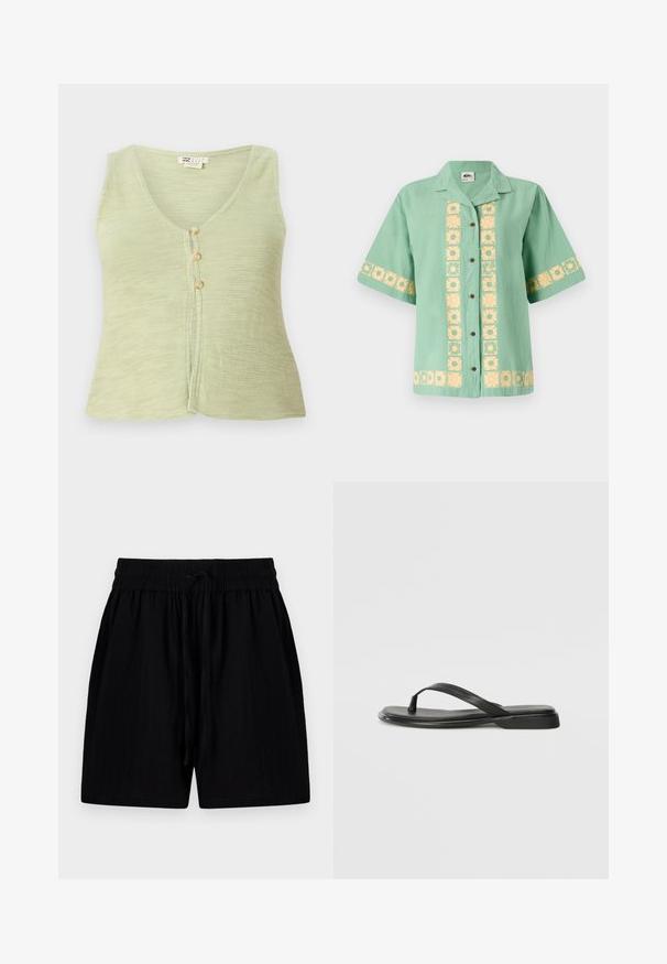 Haut sans manches vert clair avec un décolleté en V, trois boutons sur le devant et un tissu en tricot texturé. Design simple et décontracté.; Chemise verte à manches courtes avec col, ornée d'un motif floral jaune sur le devant et les manches. Fermeture à boutons uniforme. Texture douce.; Shorts noirs en tissu léger avec une ceinture à cordon de serrage, comportant des poches latérales et une surface texturée.; Tongs noires en cuir lisse, avec un design de sangle fine et une semelle plate à profil minimal. Aucun motif ou accent notables.