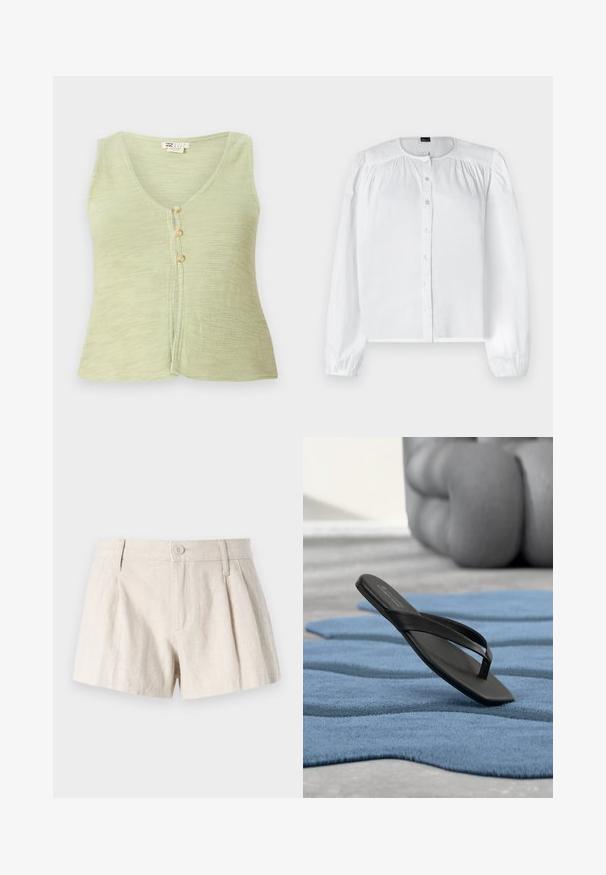 Lys grøn ærmeløs top med v-hals, tre knaplukninger foran og et struktureret strikstof. Simpelt og afslappet design.; Hvid langærmet bluse lavet af glat stof, med knaplukning foran og samlede detaljer på skuldrene samt en rund halsudskæring.; Linning shorts i en lys beige farve med plisseret design, frontknaplukning og en glat, struktureret finish.; En enkelt sort klipklap sandal liggende på en tekstureret blå måtte, med en sløret rund sofa i baggrunden.