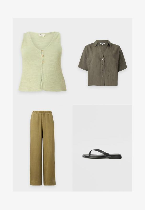 Top sin mangas de color verde claro con escote en V, tres botones en la parte delantera y un tejido de punto texturizado. Diseño simple y casual.; Camisa de manga corta verde oliva con textura, cuello y cuatro botones en la parte delantera, con etiqueta "ONLY" en el interior del cuello.; Pantalones de pierna ancha en caqui con cintura elástica, hechos de material de algodón suave. Presentan aberturas laterales y un corte recto, ofreciendo un ajuste relajado.; Chancla negra de piel suave, con un diseño de tira delgada y una suela plana de perfil mínimo. Sin patrones ni acentos notables.