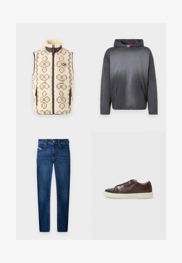 Fleece vest med en cremet bund, brun geometrisk mønster og lynlås foran. Har sidelommer og høj krave.; Mørkegrå hættetrøje med lille rød logo på brystet og to forlommer, vist på hvid baggrund.; Mørkeblå denim jeans med lige ben, fem-lomme design, synlige syninge detaljer og metal knaplukning.; Brune læder sneakers med rund tå, kontrasterende hvid gummisål, syede detaljer og ingen synlige snørebånd. Glat overflade.